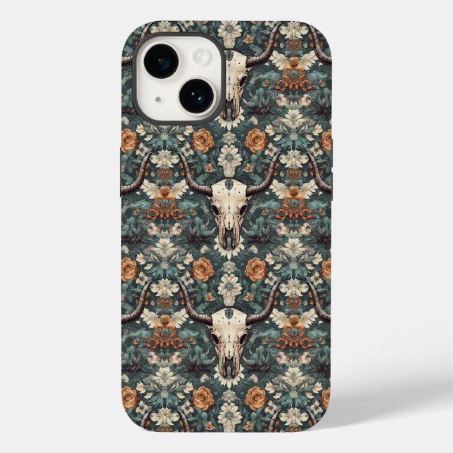 Western Boho Bull Skull Floral Case-Mate iPhone 14 Hülle (Rückseite)
