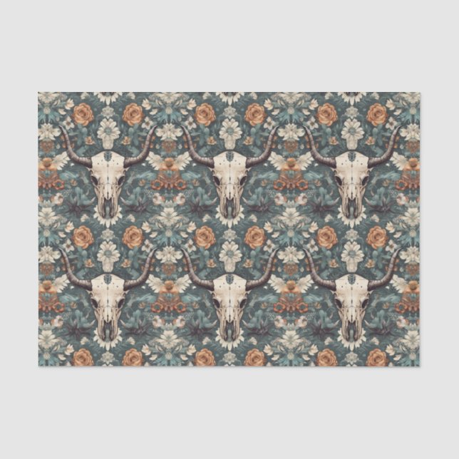 Western Boho Bull Skull Floral Seidenpapier (Vorderseite)