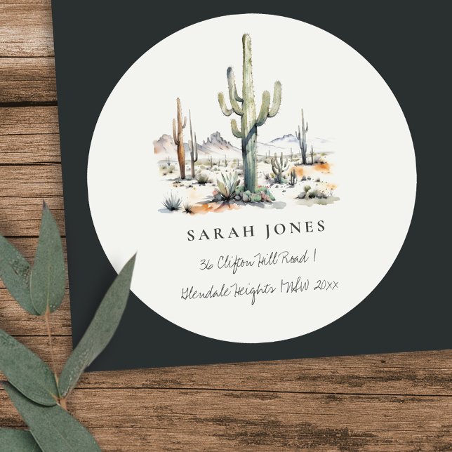 Western Boho Cactus Wüste Landscape Address Runder Aufkleber (Von Creator hochgeladen)