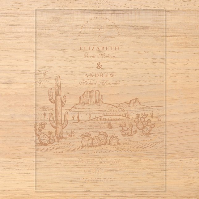 Western Boho Cactus Wüste Landscape Wedding Acryleinladungen (Vorderseite)
