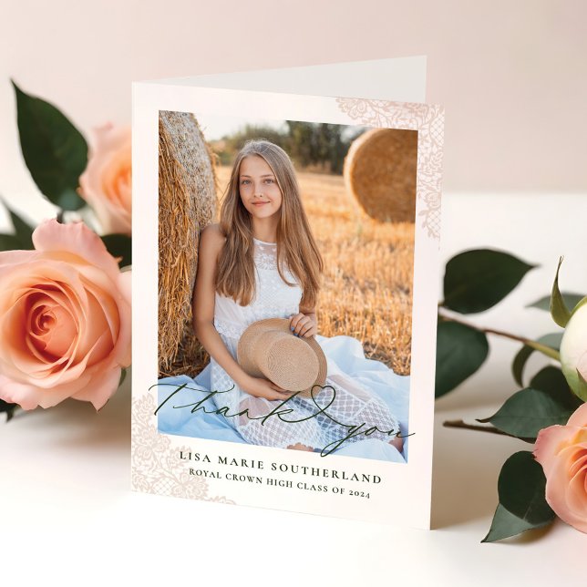 Western Boho Country Lace Foto Abschluss Dankeskarte (Western Boho Country Lace Photo Graduation Thank You Card)