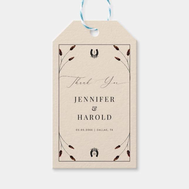 Western Boho Horseshoe Monogram Ranch Farm Wedding Geschenkanhänger (Vorderseite)