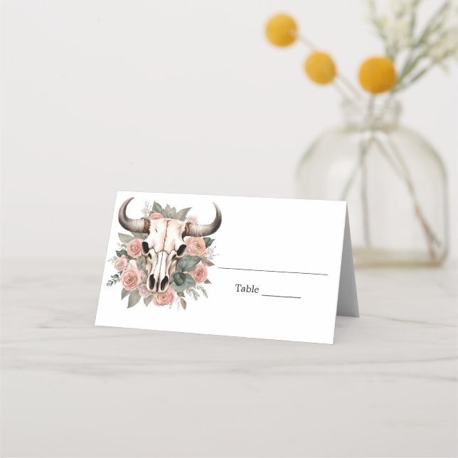 Western Boho Kuh Bläschen Schädelsage Hochzeit Platzkarte (Vorderseite)