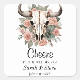 Western Boho Kuh Bläschen Schädelsage Hochzeit Quadratischer Aufkleber