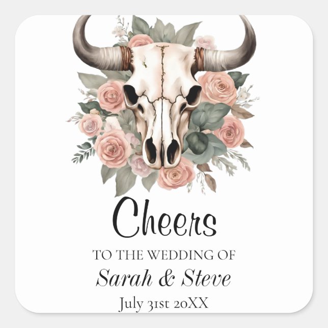 Western Boho Kuh Bläschen Schädelsage Hochzeit Quadratischer Aufkleber (Vorderseite)