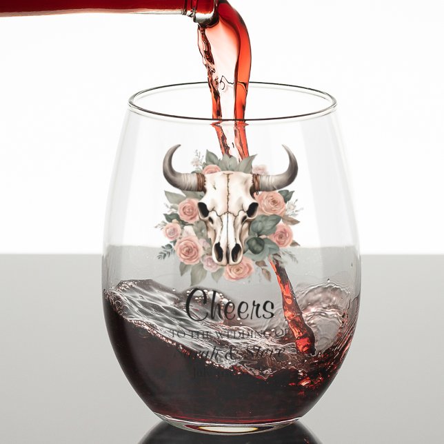 Western Boho Kuh Bläschen Schädelsage Hochzeit Weinglas Ohne Stiel (Boho Wedding Cheers Bull Skull Wine Glass)