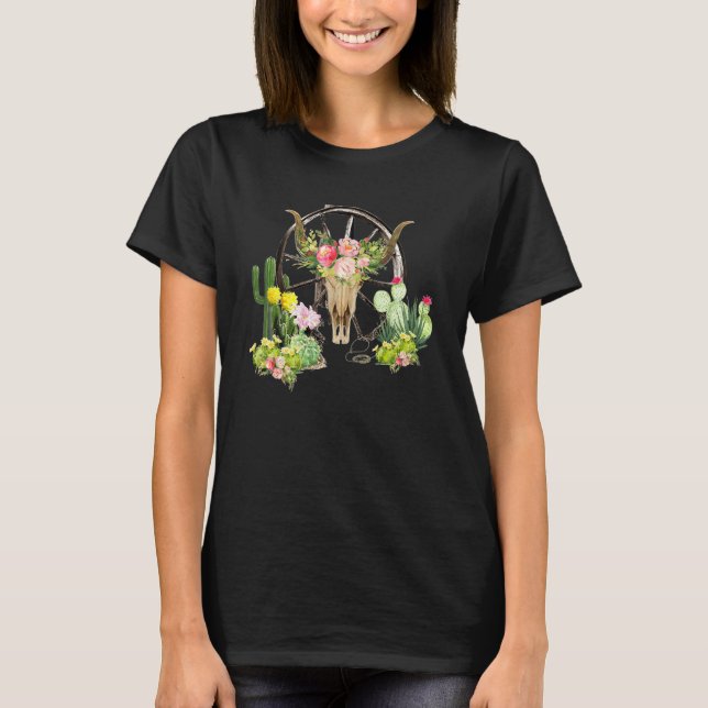 Western Boho Kuh Skull Bull Skull Cactus Blume T-Shirt (Vorderseite)