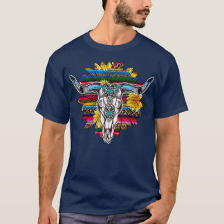 Western Boho Sonnenblumen Türkis Kuh Bull Skull  T-Shirt