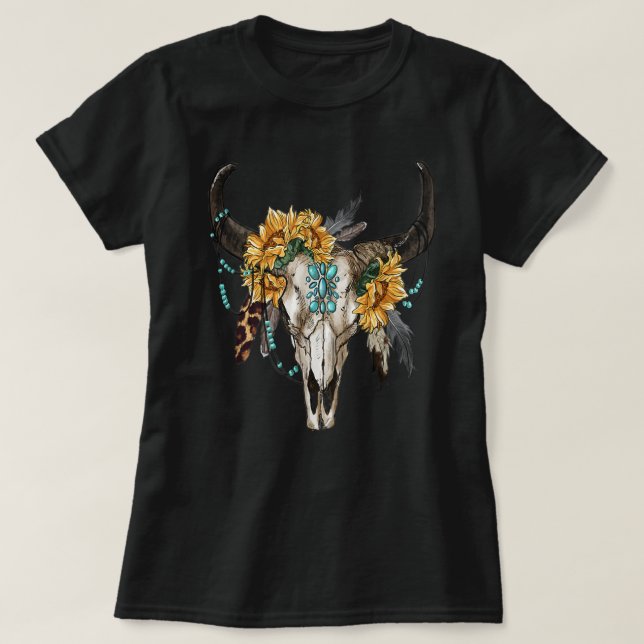 Western Boho Sonnenblumen Türkis Kuh Bull Skull T-Shirt (Design vorne)