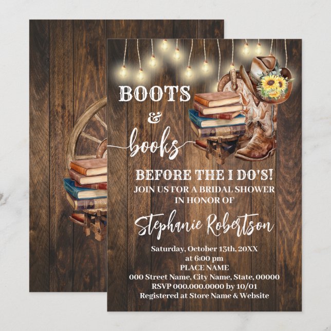 Western Boots & Books Before I do Bridal Shower Einladung (Vorne/Hinten)
