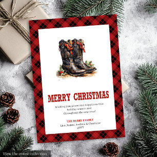 Western Boots Buffalo Plaid Tartan Weihnachtskarte Feiertagskarte