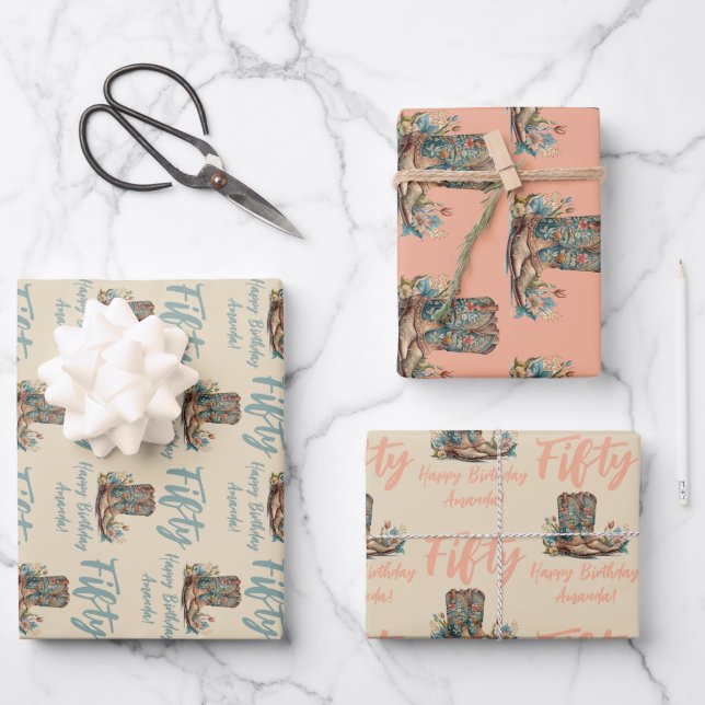 Western Boots Floral Fiftieth Birthday Geschenkpapier Set (Vorderseite)