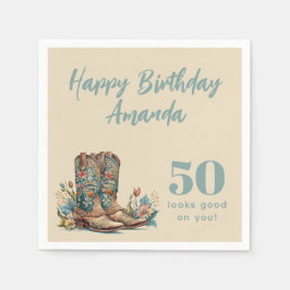 Western Boots Floral Fiftieth Birthday Serviette