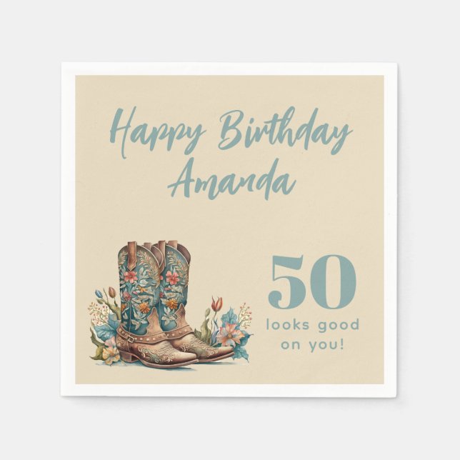 Western Boots Floral Fiftieth Birthday Serviette (Vorderseite)