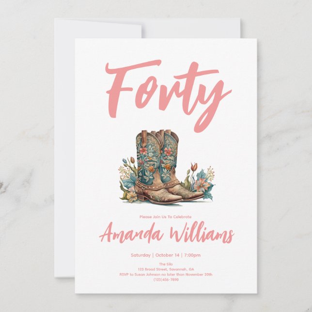 Western Boots Floral Fortieth Birthday Einladung (Vorderseite)