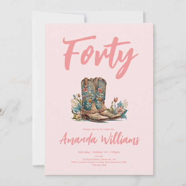 Western Boots Floral Fortieth Birthday Einladung (Vorderseite)