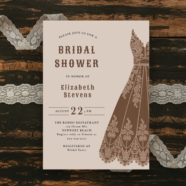 Western Bridal Dress Cowgirl Spitzen Rustikale Dus Einladung (western bridal shower invitation cowgirl dress elegant brown country rustic chic barn ranch backyard)