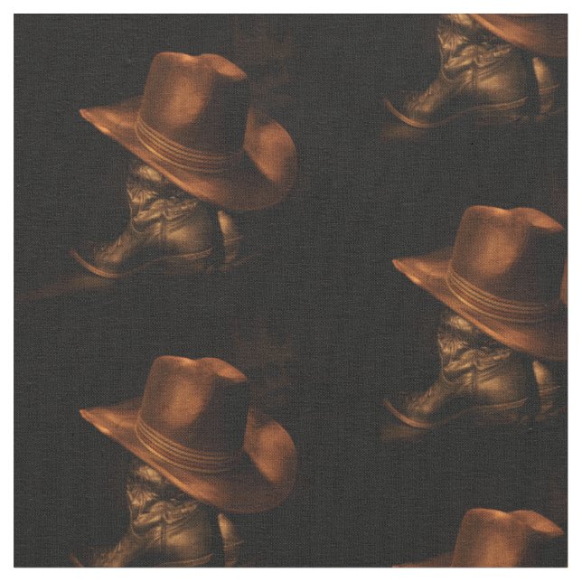 Western-Bronzecowboyhut-und Stiefel-Druck-Gewebe Stoff (Nahaufnahme)