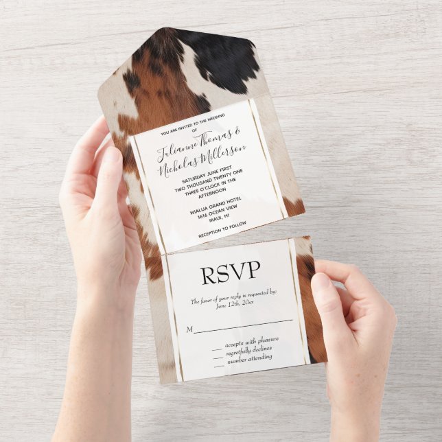 Western Brown Black Cream Cowhide Hochzeit All In One Einladung (Abreißen)