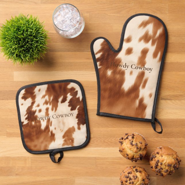 Western Brown Cream Cowhide Ofenhandschuh & Topflappen-Set (Oben Unten)