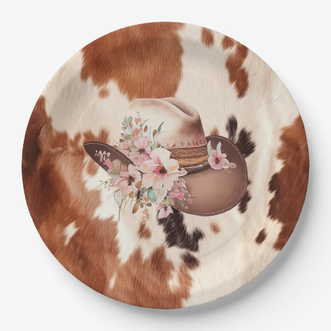 Western Brown Cream Floral Cowgirl Hut Pappteller (Vorderseite)
