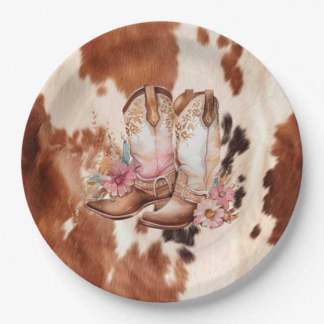 Western Brown Cream Floral Cowgirl Stiefel Pappteller (Vorderseite)