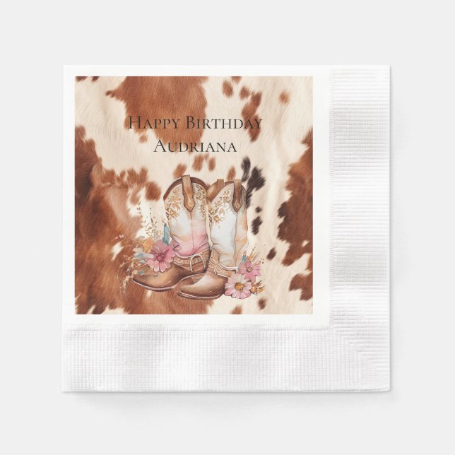 Western Brown Cream Floral Cowgirl Stiefel Serviette (Vorderseite)