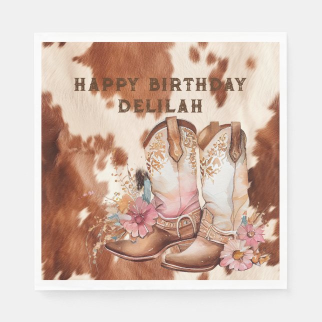 Western Brown Cream Floral Cowgirl Stiefel Serviette (Vorderseite)