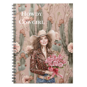 Western Brown Hair Cowgirl Pink Cactus Blume Notizblock
