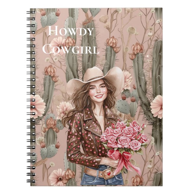 Western Brown Hair Cowgirl Pink Cactus Blume Notizblock (Vorderseite)