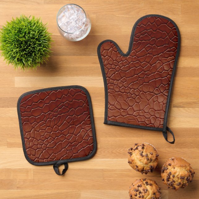 Western Brown Leather Look Animal Ofenhandschuh & Topflappen-Set (Oben Unten)