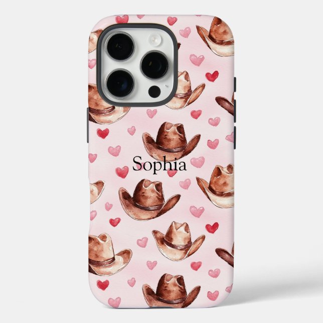 Western Brown Pink Cowgirl Hats Hearts iPhone 16 Pro Hülle (Rückseite)