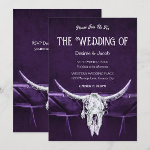 Western Bull Cow Skull Dunkel Lila Weiß Rustikal Einladung