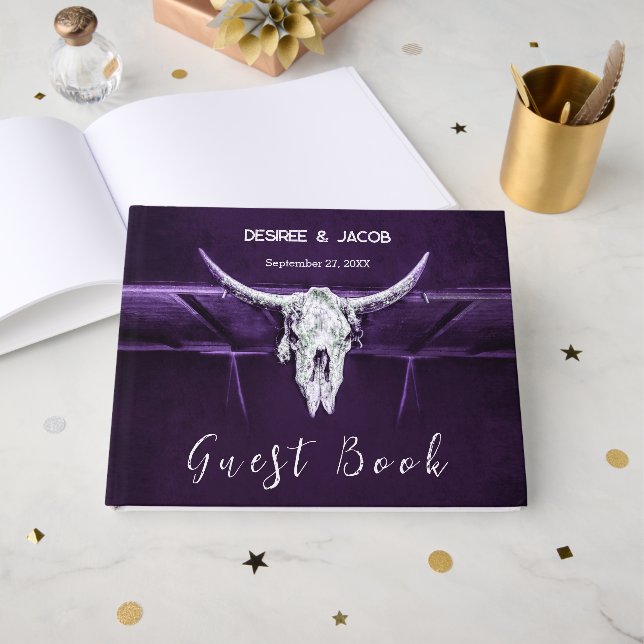 Western Bull Cow Skull Dunkel Lila Weiß Rustikal Gästebuch (Vorderseite Offen)
