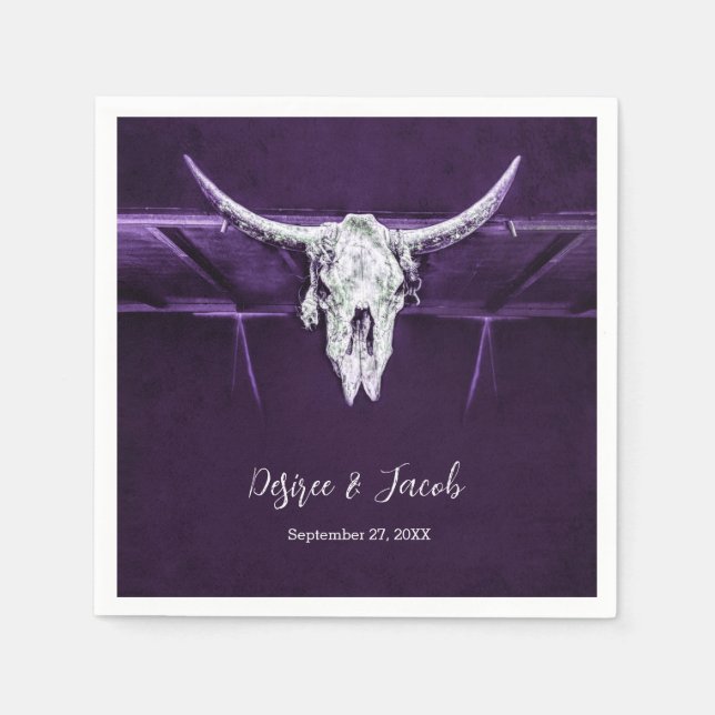 Western Bull Cow Skull Dunkel Lila Weiß Rustikal Serviette (Vorderseite)