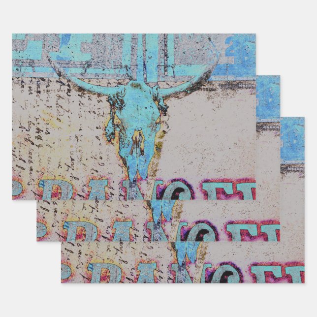 Western Bull Skull Aquamarin Blauer Rustikal Vinta Geschenkpapier Set (Set)