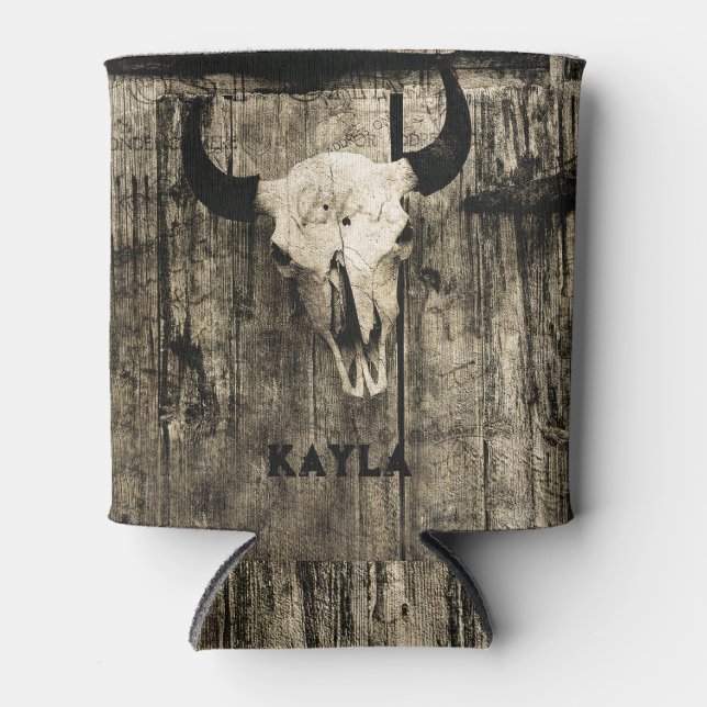 Western Bull Skull Holzstall Sepia Vintag Rustikal Dosenkühler (Vorderseite)