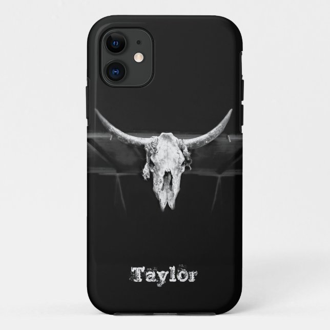 Western Bull Skull Schwarz und Weiß Alt Rustikal Case-Mate iPhone Hülle (Rückseite)