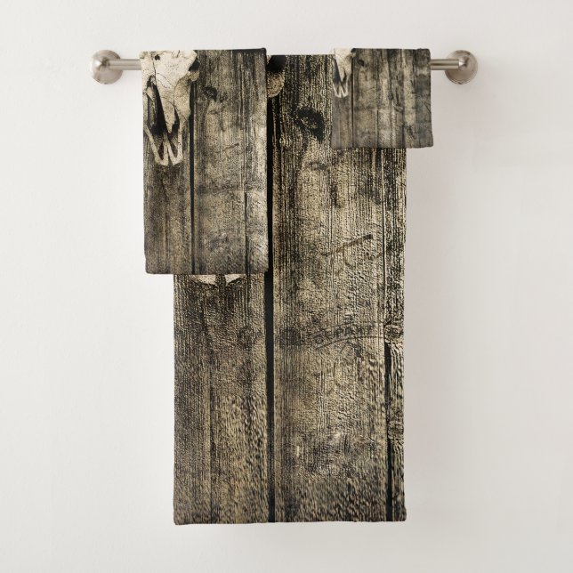 Western Bull Skull Vintag Braunholz Rustikal Badhandtuch Set (Insitu)
