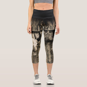 Western Bull Skull Vintag Braunholz Rustikal Capri Leggings