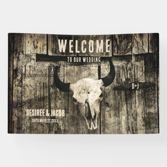 Western Bull Skull Vintag Sepia Rustikaler Empfang Banner (Horizontal)