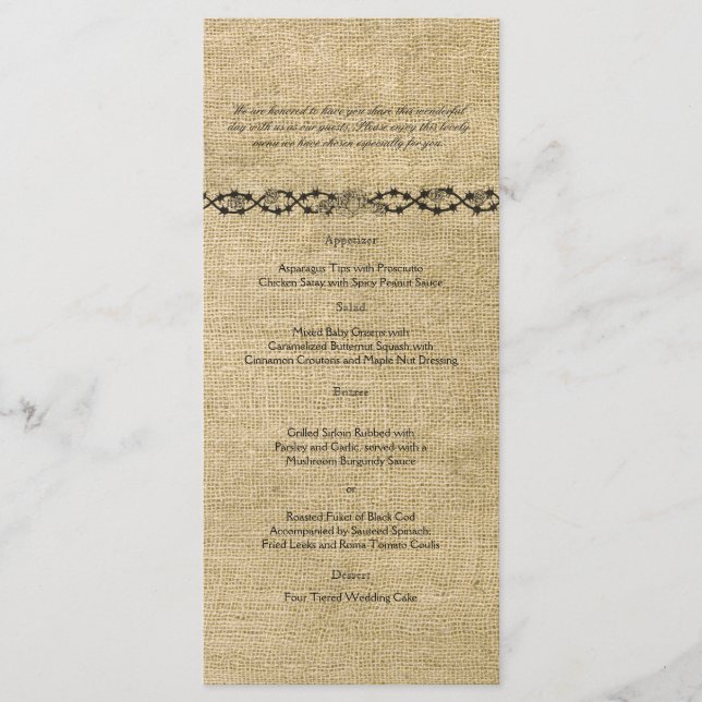 Western Burlap Wedding Menu Menükarte (Vorderseite)
