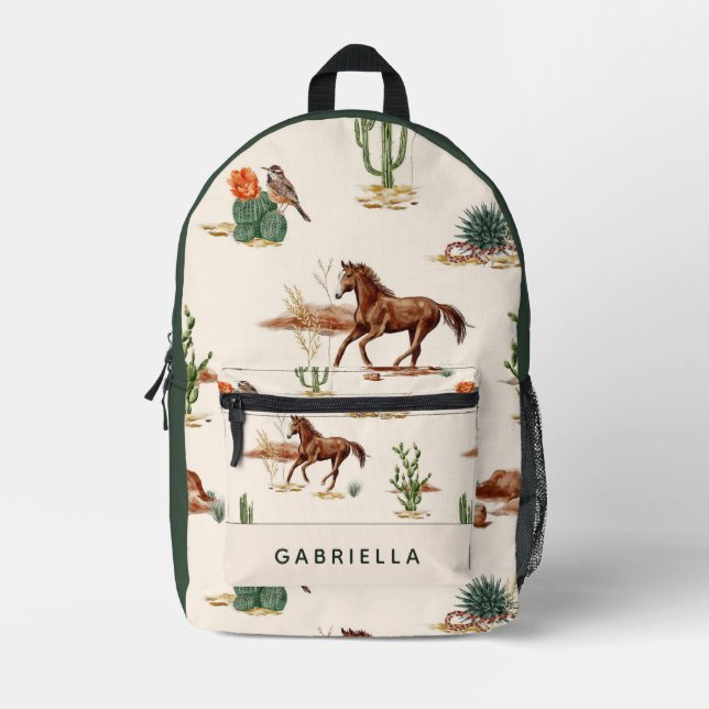 Western Cactus Desert Horse Cowgirl Personalisiert Bedruckter Rucksack (Vorderseite)