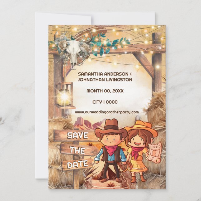 Western Cartoon Cowboy-Paar Wüstenbogen gewollt Einladung (Vorderseite)
