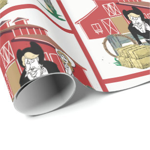 Western Cartoon Wedding Couple Ranch Scene Barn Geschenkpapier