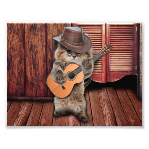 Western Cat Cowboy Musiker mit Gitarre Fotodruck
