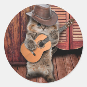 Western Cat Cowboy Musiker mit Gitarre Runder Aufkleber