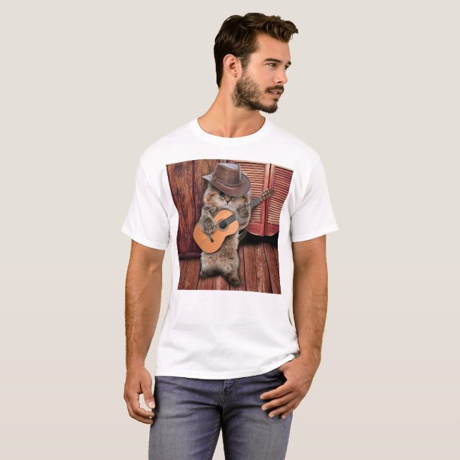Western Cat Cowboy Musiker mit Gitarre T-Shirt (Vorne ganz)