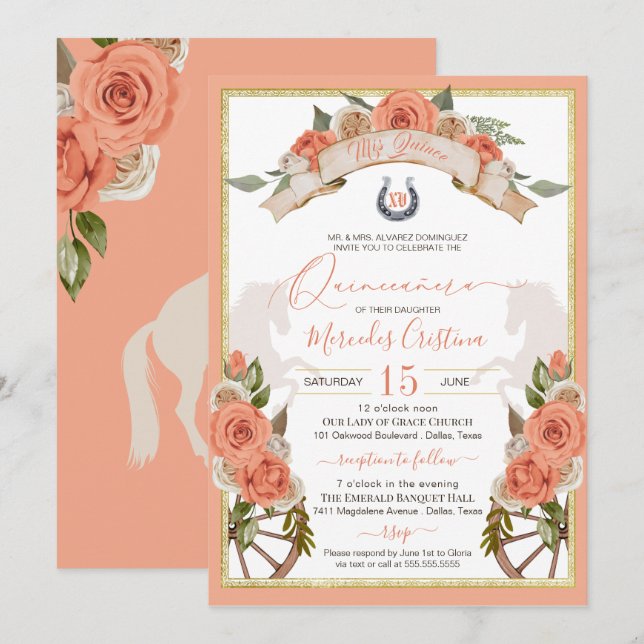 Western Charro Peach Rose Pferd Quinceañera Einladung (Vorne/Hinten)