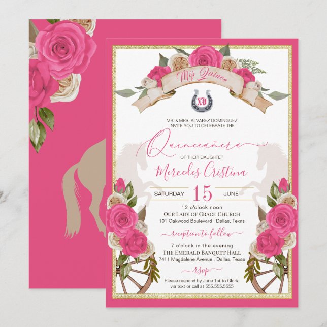 Western Charro Pink Roses Pferd Quinceañera Einladung (Vorne/Hinten)
